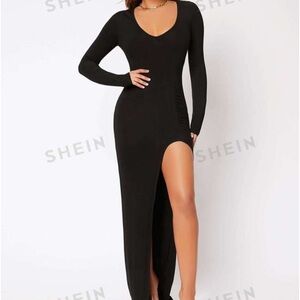 Black Soft Long Sleeve V-Neck Maxi Dress